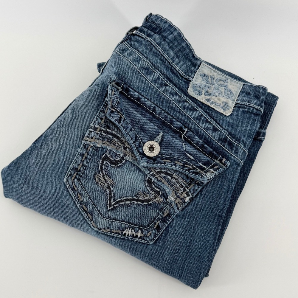 Big Star Sweet Ultra Low Rise Bootcut Jeans Blue Embroidered Pockets 32R
